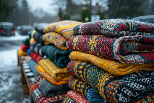 People donating warm coats and blankets to homeless shelters