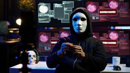 Hacker group member wearing anonymous mask filming video threatening another country government to...