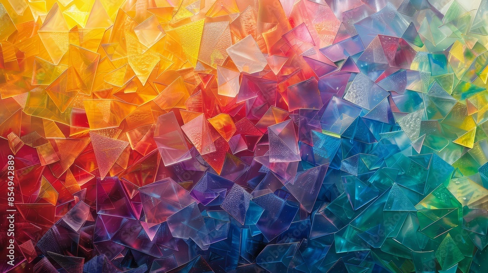 Poster a vibrant, kaleidoscopic pattern formed by overlapping layers of translucent, colorful shapes, creat