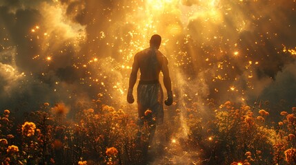 Boxer in a Celestial Garden: a boxer training in a celestial garden with ethereal flowers and divine light. 
