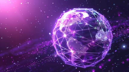 Futuristic glowing purple Earth with digital lines and network connections in outer space technology innovation.