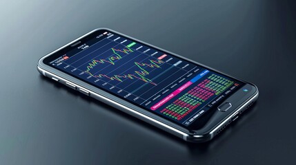 Smartphone displaying stock market application with dynamic charts, top view, focusing on mobile trading convenience
