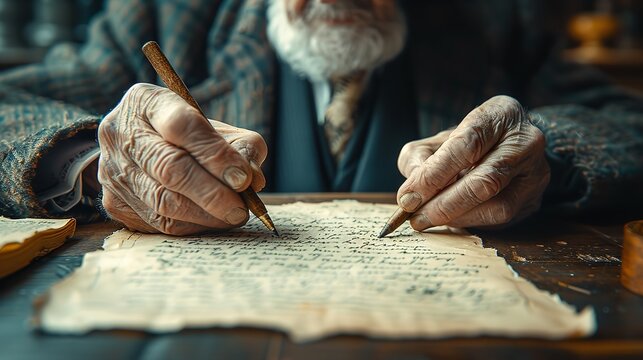 Close-up of an elderly mans hands writing with a pen on a piece of paper resting on a wooden table