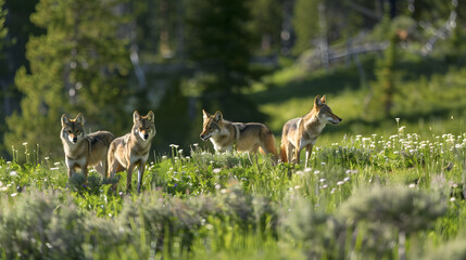 pack of wolves in Yellowstone National Park, demonstrating the impact of keystone species on their ecosystem, with flourishing flora and fauna