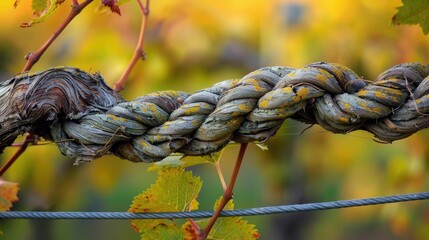 Vine tendrils twisting around the support wire in the vineyard during fall
