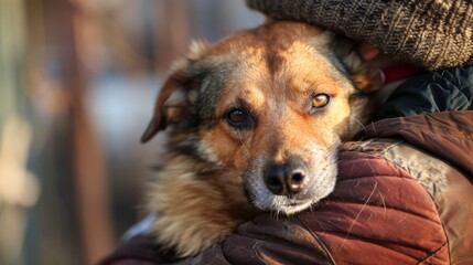 Rescue worker holding a dog in a compassionate embrace