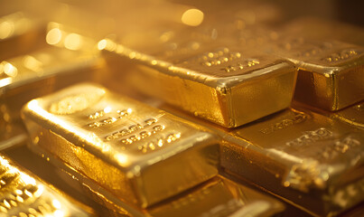 Close-up of gold bars with intricate engravings, reflecting ambient light, symbolizing luxury and stability