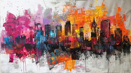 Colorful Abstract Cityscape with Tall Buildings and Vibrant Sky Panorama