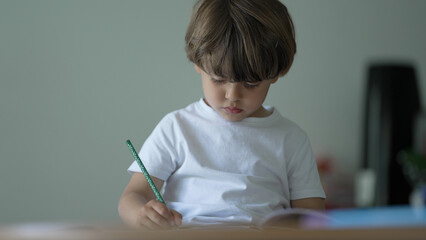 Concentrated Young Boy Drawing with Pencil in a Bright Room