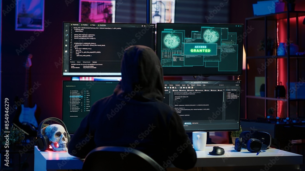 Poster happy man writing code on pc, celebrating after managing to get past security systems. hacker using 