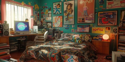 Colorful Bedroom With Vintage Posters and a Desk in the Afternoon