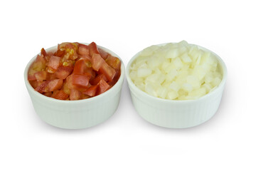 Diced fresh tomato and onion in white bowl isolated on white background with clipping path top view flat lay. Prepare for cooking in kitchen.