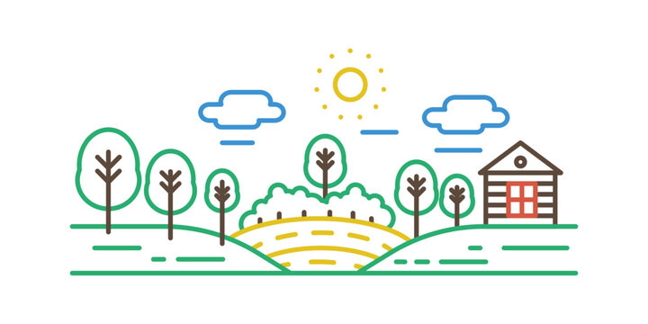 colorful landscape scene with trees and cabin clip art preview