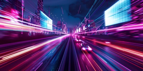 Fototapeta premium Nighttime Cityscape With Vibrant Light Trails and Speeding Vehicles