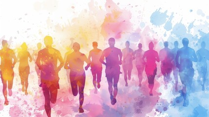 Colorful silhouettes of runners in a marathon race