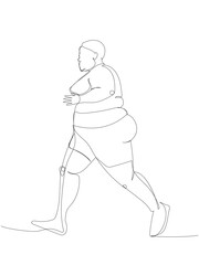 Overweight woman doing sports, running one line art. Continuous line drawing of body positive, overweight, plus size model, XL, health, fashion, self acceptance.