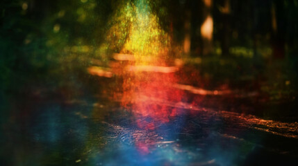Fototapeta premium Photograph of the luminous rainbow park on black background, very small and blurry in center of frame, textured and grainy