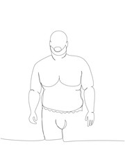 obese man bare-chested and in underwear one line art. Continuous line drawing of body positive, overweight, plus size model, XL, health, fashion, self acceptance.