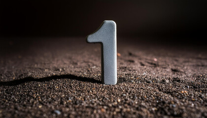 Number 1 made of gray stone isolated with shadow over dark sand. One, first.