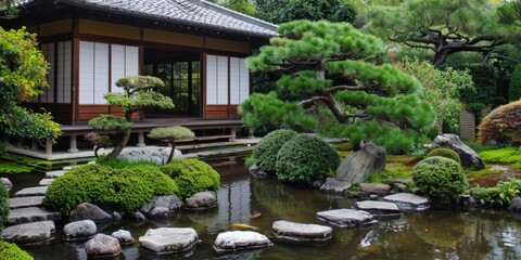 Japanese Garden With Traditional House and Pond