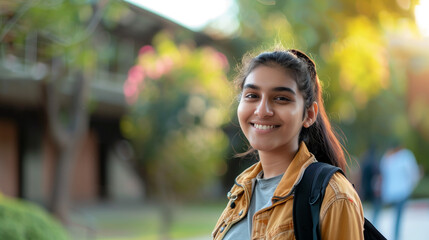 A young Indian student stands outside on a college campus. Surrounded by a dynamic academic and cultural atmosphere.