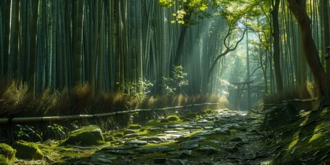 Obraz premium Sunlit Path Through a Dense Bamboo Forest in Japan