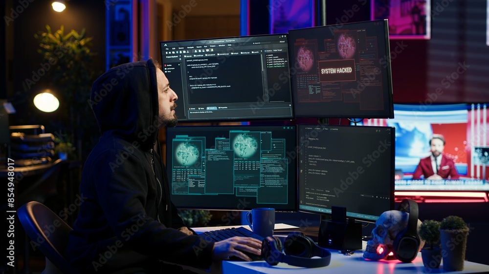 Poster frustrated hacker in secret hideout dejected after failing to attack victims using malware. annoyed 
