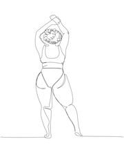 curvy girl in a swimsuit posing one line art. Continuous line drawing of body positive, overweight, plus size model, XL, health, fashion, self acceptance.