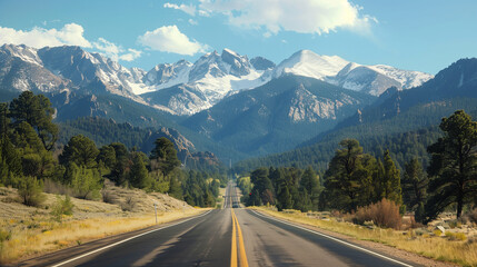 Naklejka premium Endless possibilities on the road ahead: mountainous landscapes for thriving startups. This represents an inspiring context for new ventures where nature and modern entrepreneurship can coexist.