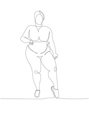 curvy girl in a swimsuit posing one line art. Continuous line drawing of body positive, overweight, plus size model, XL, health, fashion, self acceptance.