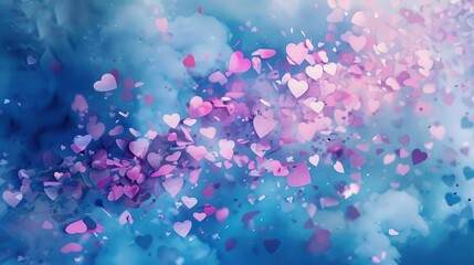 Fototapeta premium romantic pink and blue heart shaped confetti on abstract cloudy background dreamy valentines day or wedding design digital art