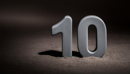 Number 10 made of gray stone isolated with shadow over dark sand.