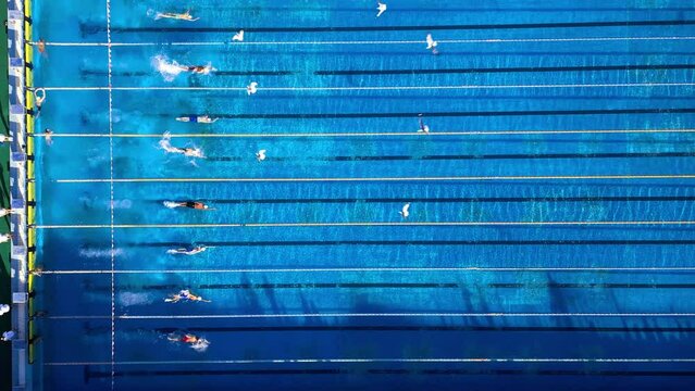 The start of a swimming competition in an outdoor pool: swimmers are diving into the water and beginning to swim