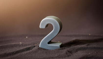 Number 2 made of gray stone isolated with shadow over dark sand. Two, second