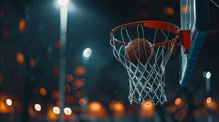 Closeup of a basketball going through the net, on a dark background, with a blurred foreground and basketball court in the background
