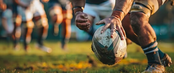 Close-up action shot of a rugby player reaching for the ball during a game, with teammates in the background on a grassy field.