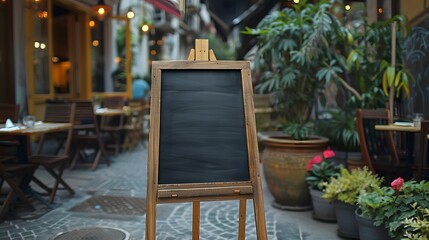 A blank black chalkboard sign on an A-frame stand placed outdoors in front of a restaurant, with a street background.