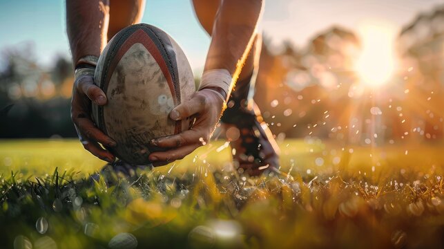 Close-up of a rugby player holding a rugby ball on a field at sunset, capturing the sport's intensity and natural lighting.