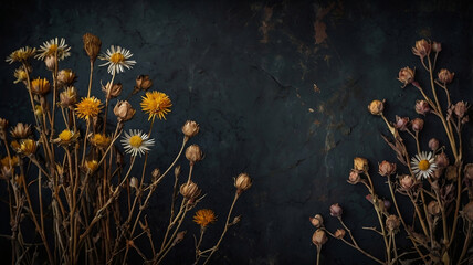 dark grungy backdrop with dry flowers