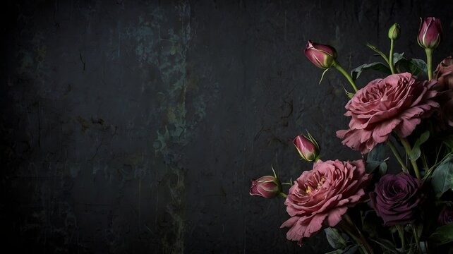 dark grungy backdrop with flowers, copy space