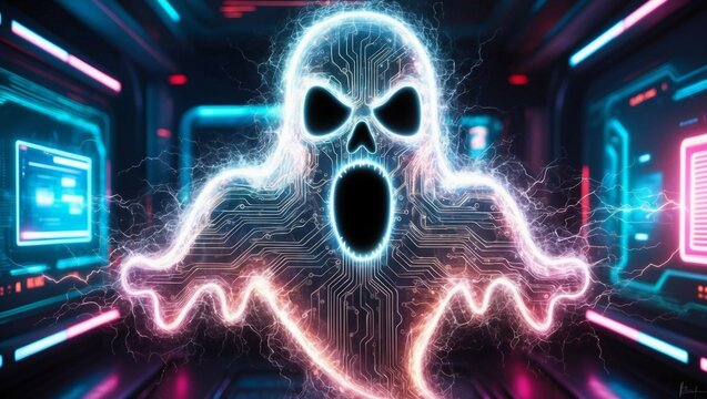 Digital ghosts that glow eerily An ethereal form pulsating with electromagnetic energy.