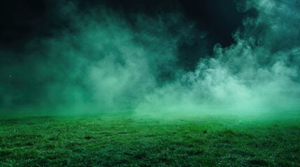 Eerie green smoke rolling over grassy field at night