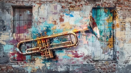 Fototapeta premium rustic trumpet graffiti on vintage building abstract mental health concept digital painting
