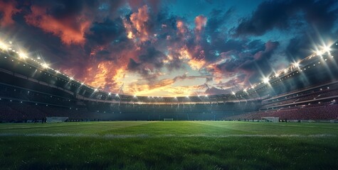 Dramatic sunset over an empty illuminated stadium, showcasing the beauty and grandeur of sports...