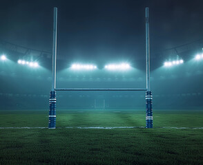 Illuminated rugby stadium at night with goalpost in foreground, showcasing the atmosphere of game day under bright floodlights.