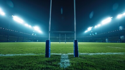 Illuminated rugby field with goal posts at night, capturing the intense atmosphere of a professional game. Bright lights and empty stadium.