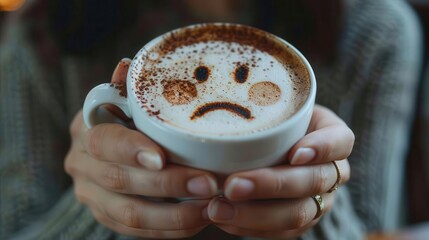 sad face drawn on coffee foam in womans hands expressing difficult emotions and blue monday