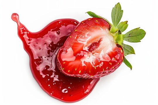 Half strawberry with vibrant smear of red jam on white background. Appetizing glossy berry. Perfect for food related designs, culinary projects and advertisements