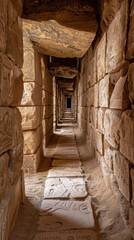 A long, narrow passage with stone walls and a stone floor