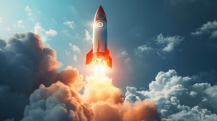 Fototapeta premium A powerful rocket ascends through the clouds during a sunny day